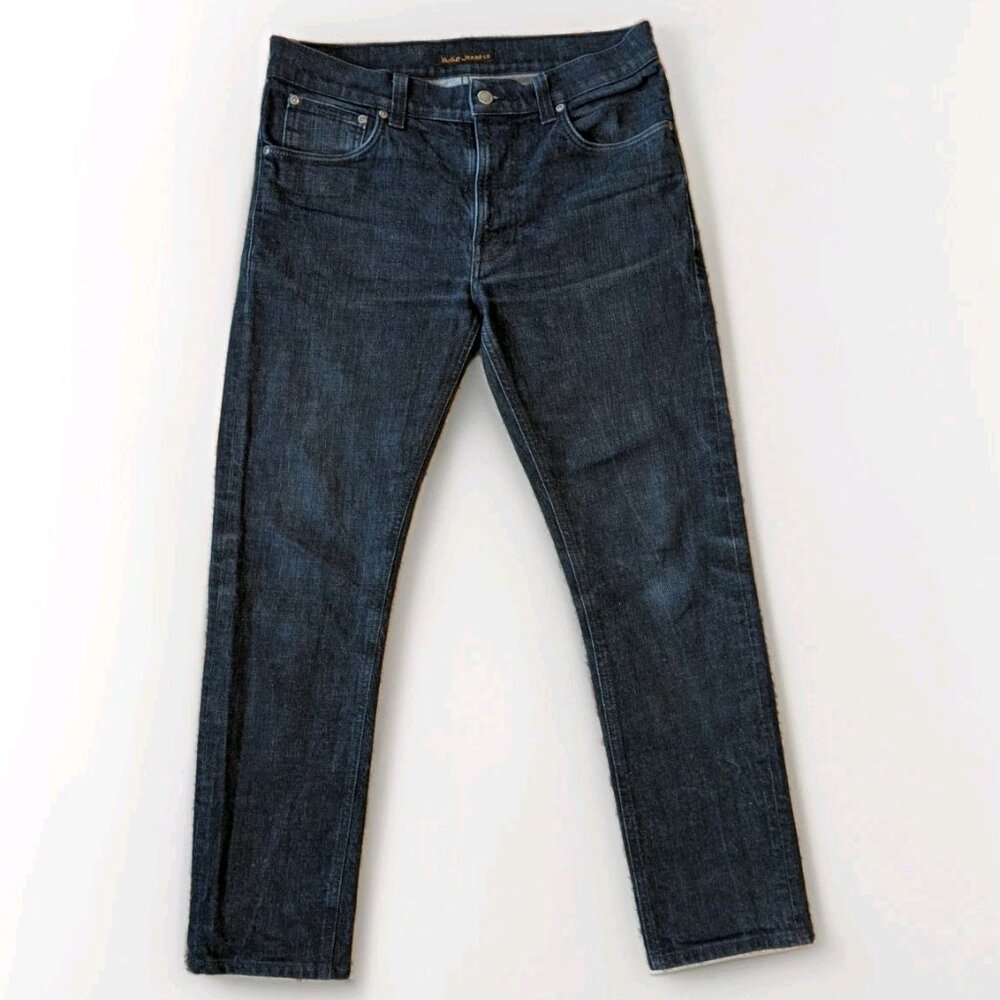 Nudie Jeans Men’s 32 x 28 Lean Dean Skinny Denim-Italy-Hemmed-Dark Wash Slim